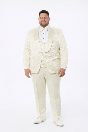 Mens Ivory Floral Shawl Lapel Tuxedo Wedding & Prom Outfit