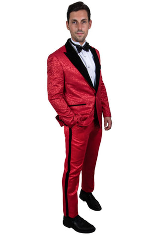 Men's Stacy Adams Paisely Prom & Wedding Tuxedo In Red & Black