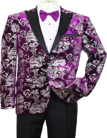 Men's Modern Fit Velvet Floral Paisley Foil Tuxedo Jacket in Purple & Silver