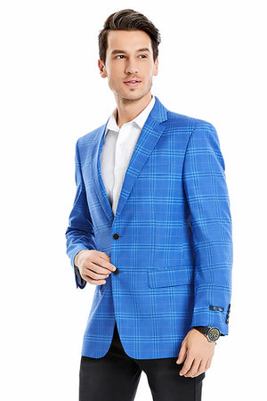 Saco vaquero - Western Sport Coat - Western Blazer - Men's Two Button Regular Fit Light Blue Double Windowpane Plaid Blazer