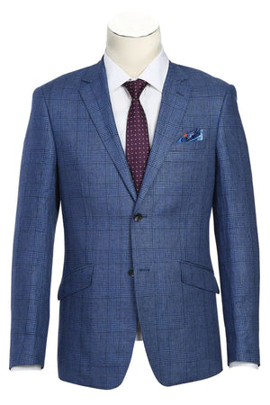 Saco vaquero - Western Sport Coat - Western Blazer- Mens Slim Fit Two Button Summer Linen Sport Coat Blazer In Navy Blue Windowpane Plaid