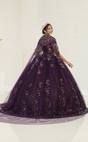Purple and Gold Quinceanera Dress Off Shoulder Cape Ball Gown by LK252