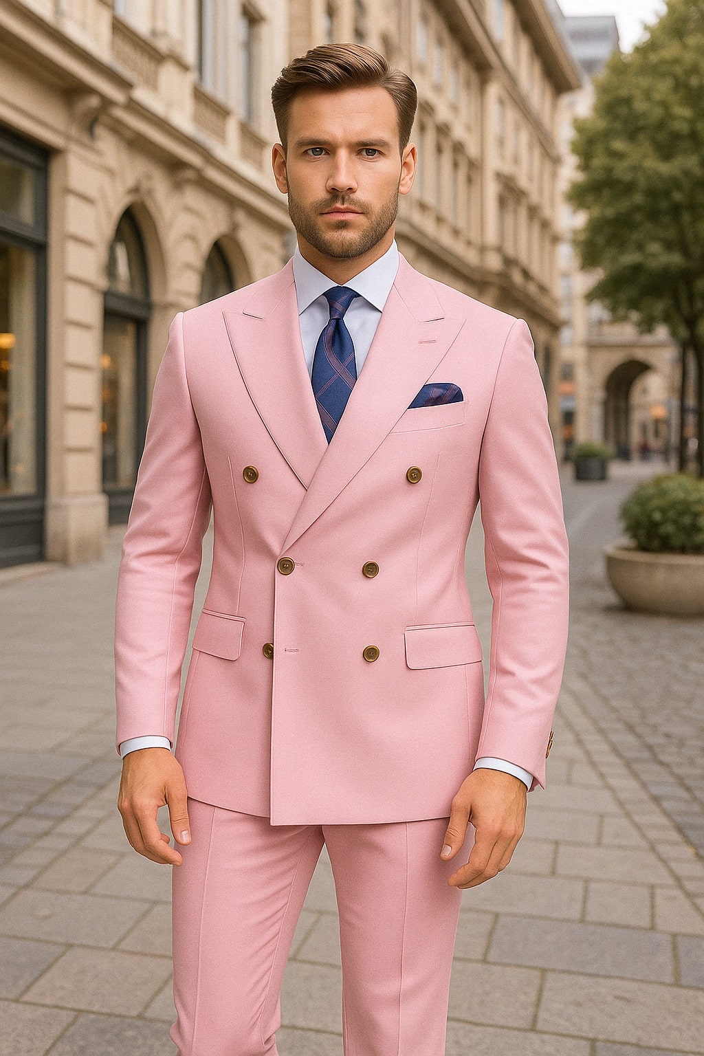 Mens Light Pink Double-Breasted Suit with Gold Buttons 2-Piece Slim Fit Set