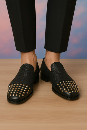 Men's Black Glitter Loafers with Spike Studded Toe Designer Slip-On Dress Shoes for Parties and Events