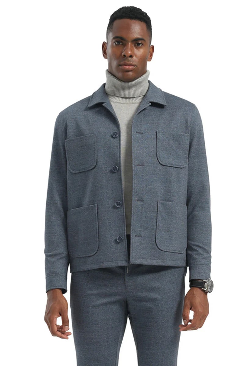 Mens Casual Walking Suit Jacket and Pant Set Blue Safari Military Style 70s Fashion
