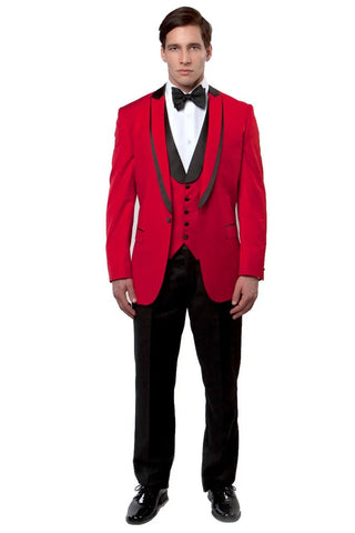 Men's One Button Satin Trimmed Peak Lapel Vested Fancy Tuxedo In Red