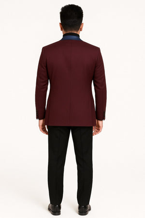 Mens Maroon Tuxedo Jacket with Blue Satin Shawl Lapel Slim Fit Formal Blazer in Burgundy and Navy Blue