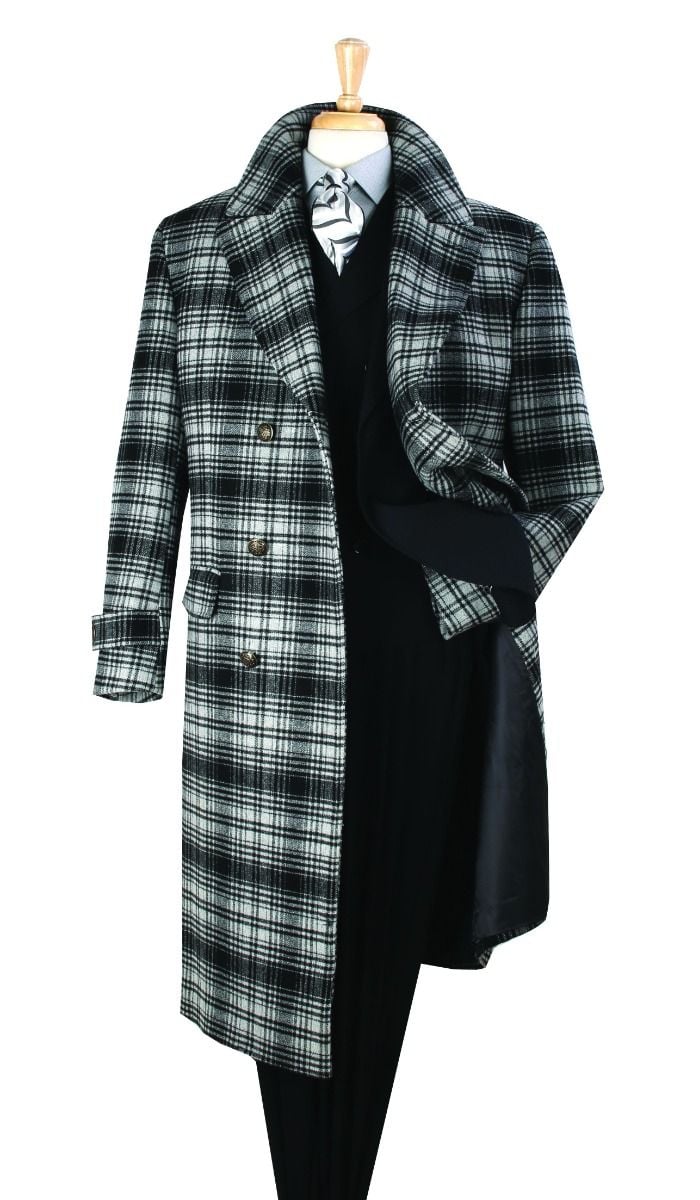 Men's Black and White Windowpane Plaid Overcoat Classic Full Length Wool Blend Dress Coat