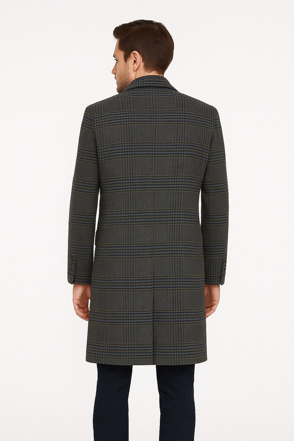 Mens Blue and Grey Glen Plaid Wool Overcoat Classic Long Winter Coat - Chesterfield Blue Collar