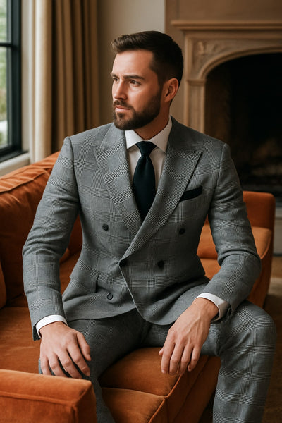 Rossiman Men’s Brown Windowpane Plaid Double-Breasted Wool Suit - Classic Formalwear by USA Men's Outlet main image 0