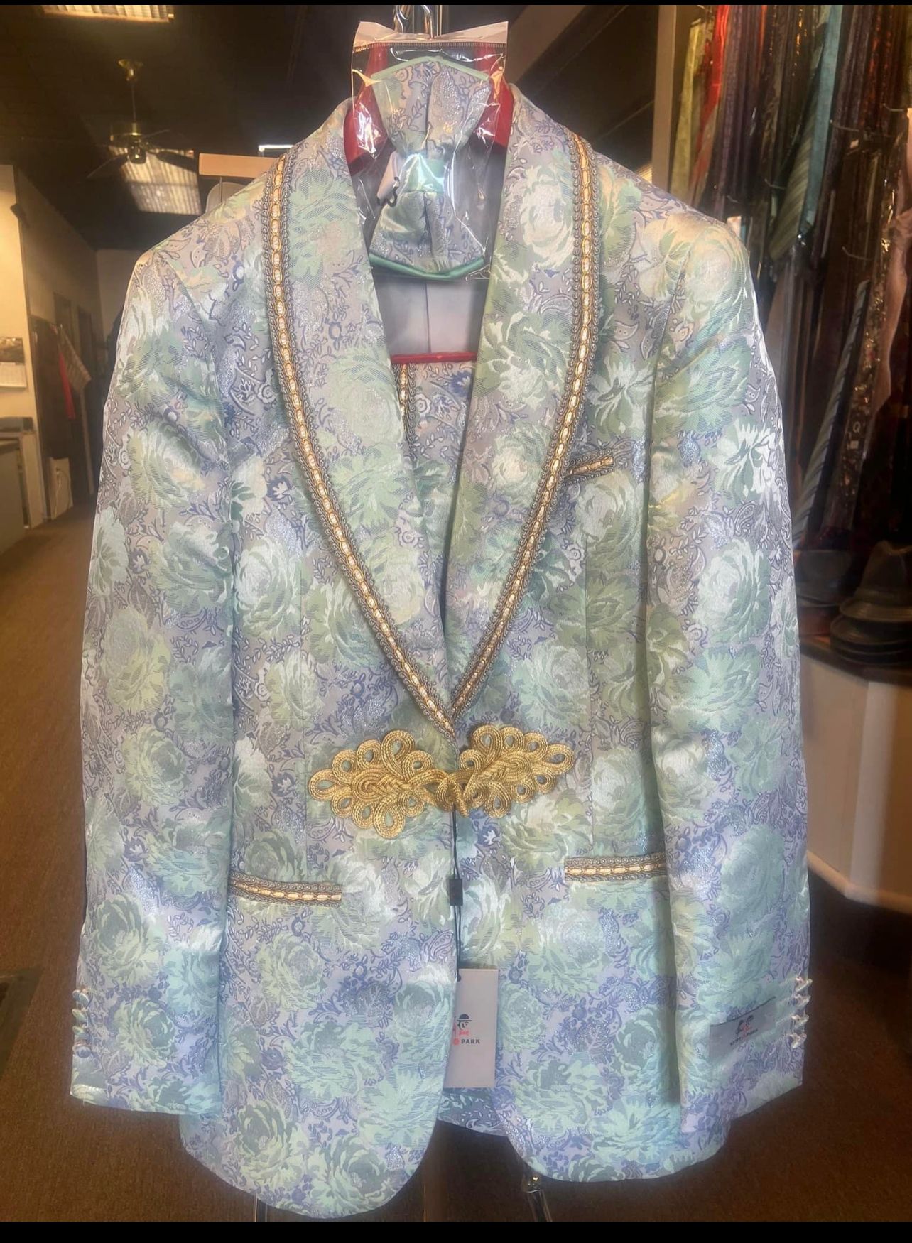 Men's Mint Green - Sage and Gold Trim Collar Floral Brocade Blazer with Gold Embellishments Prom Suit