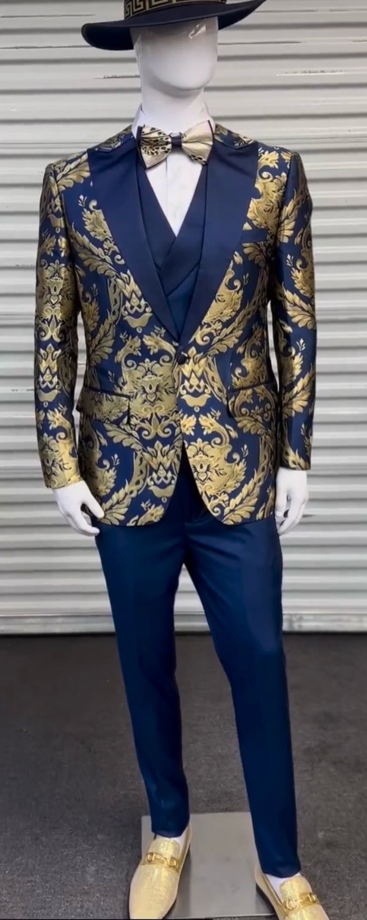 Men's Navy Blue and Gold Baroque Tuxedo Suit with Matching Vest and Bow Tie Luxury Formalwear