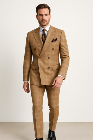 Men's Tan Plaid Double-Breasted Suit Classic Windowpane Two-Piece Formal Suit - Camel Color Suit By Rossiman