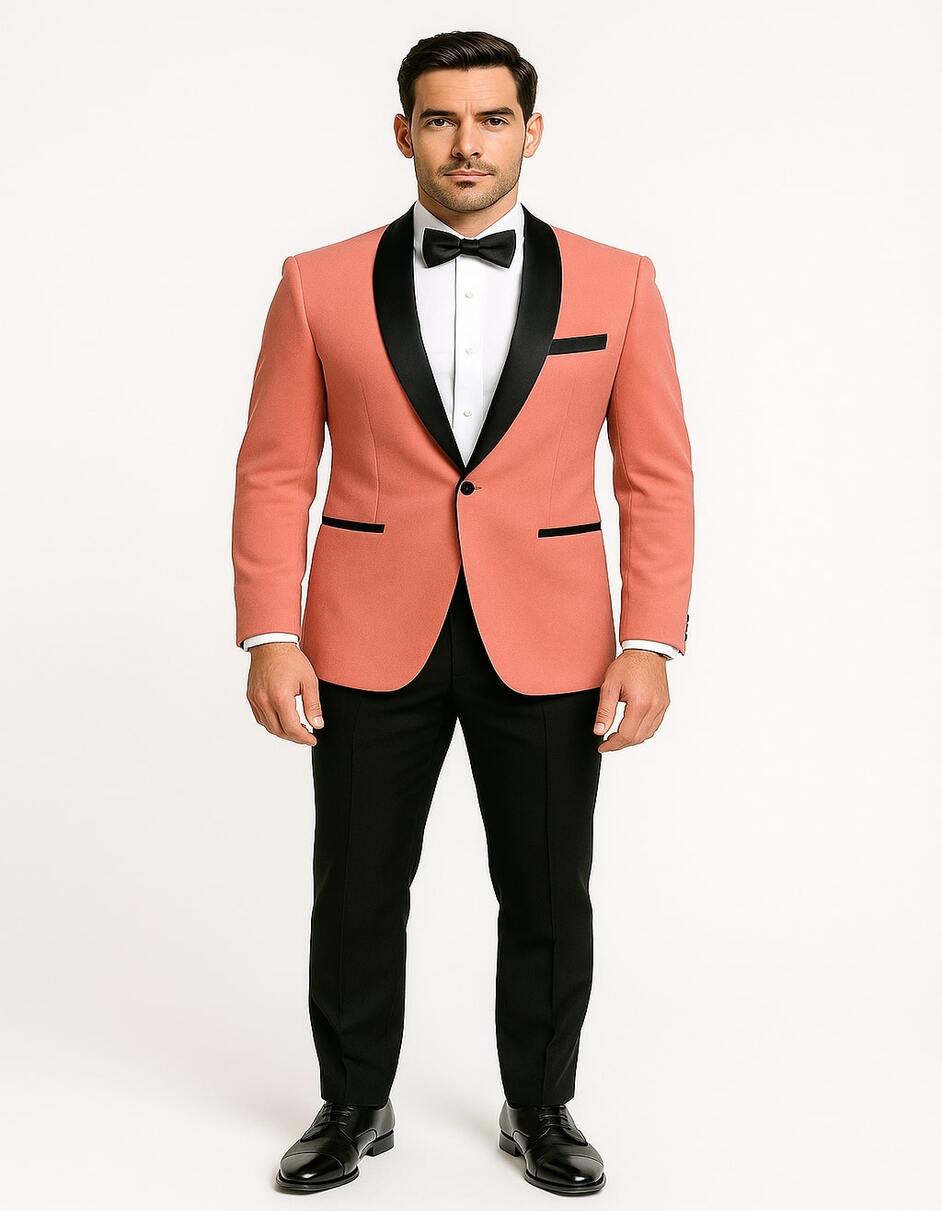 Mens Coral Pink Tuxedo Jacket with Black Satin Shawl Lapel Velvet Fabric Modern Slim Fit Formal Blazer