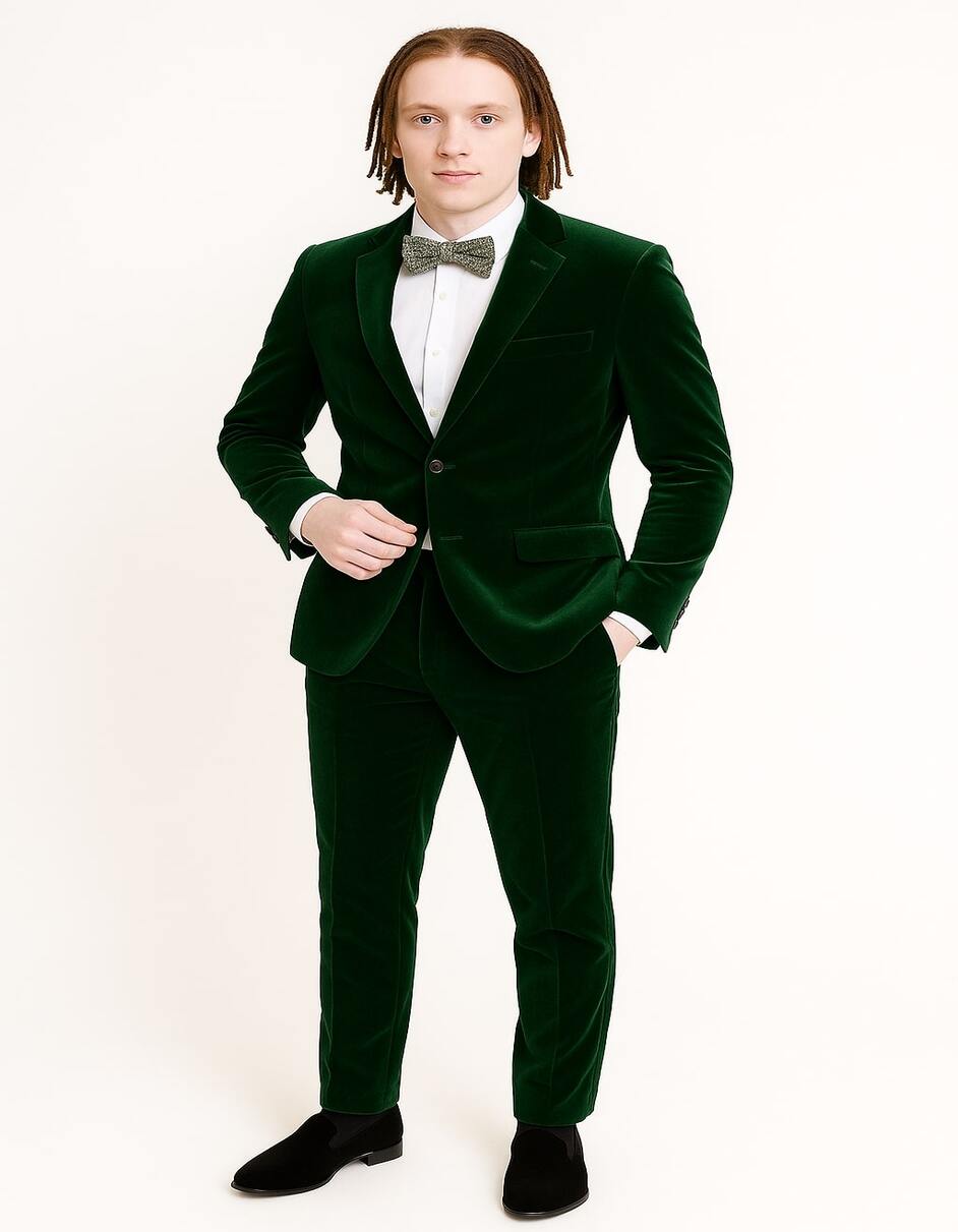 Mens Emerald Green Velvet Suit Slim Fit Tuxedo for Weddings, Prom, and Red Carpet Events