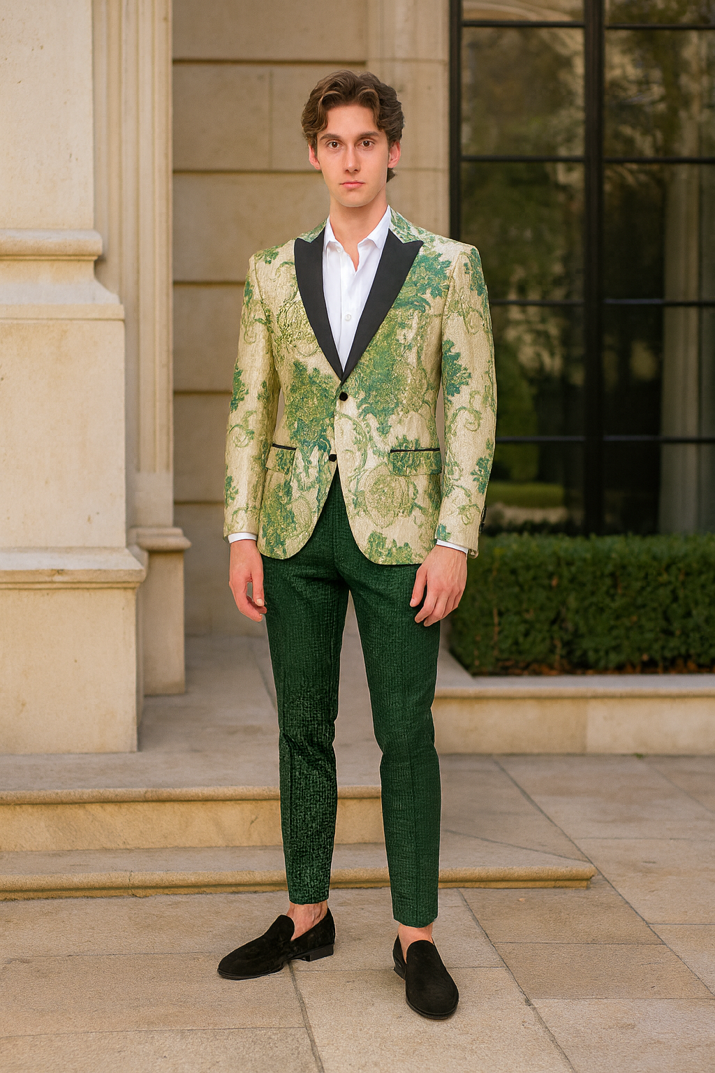 Mens Ivory and Green Suit Floral Embroidered Tuxedo Jacket with Black Satin Lapel Designer Blazer for Weddings With Hutner Green Pants