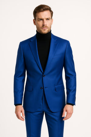 Men's Royal Blue Shiny Satin Suit 2-Piece Slim Fit Tuxedo with Peak Lapel