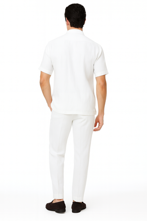 Mens White Lace-Up Shirt and Pants Set Casual Summer Two-Piece Outfit