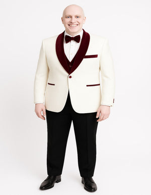 Mens White Floral Tuxedo Jacket with Burgundy Velvet Shawl Lapel Wedding, Prom, and Formal Event Suit