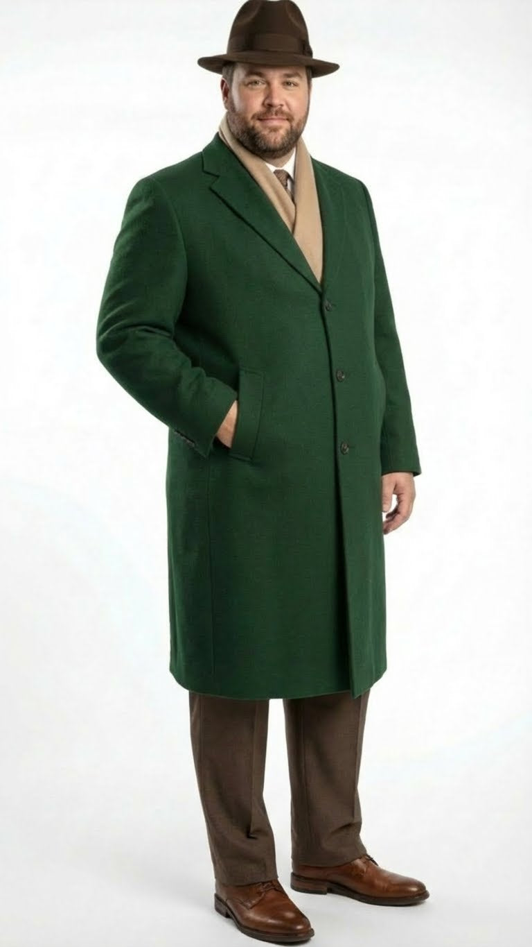 Men's Hunter Green Full-Length Wool Overcoat for Men, Classic Winter Dress Coat