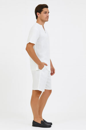 Mens White Embroidered Short Set Casual Summer Outfit with V-Neck Shirt and Matching Shorts
