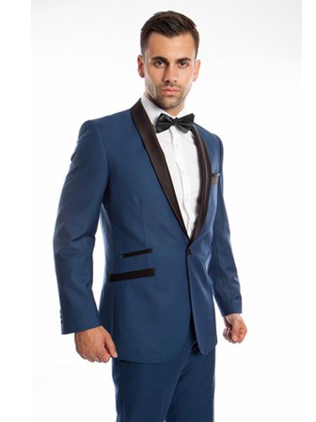 Navy Blue Two-Piece Slim Fit Prom Mens Suits with Black Silk Lapel main image 1
