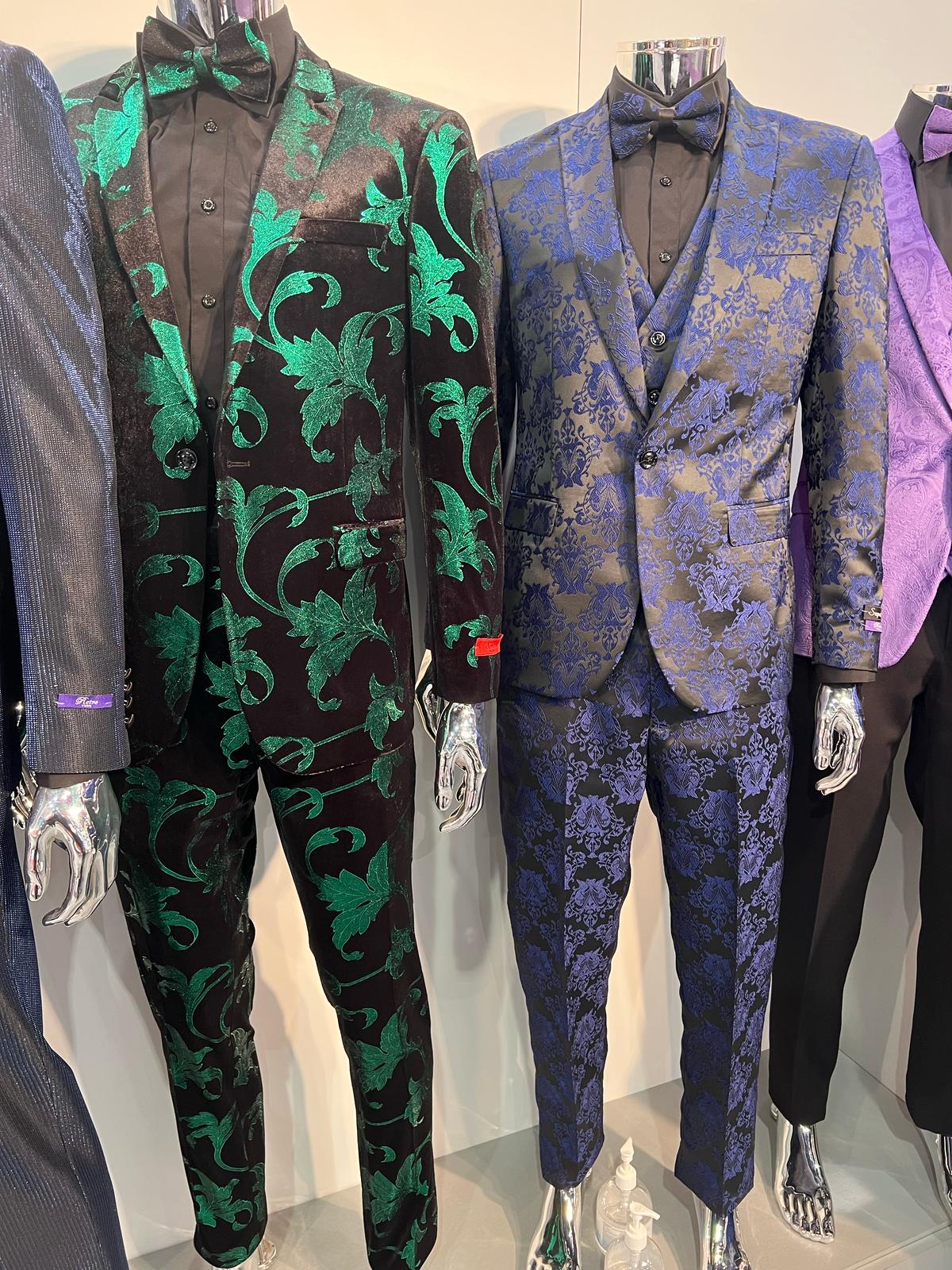 Mens Black and Emerald Green Velvet Floral Tuxedo Suit Slim Fit 2 Piece Formalwear for Weddings and Events Slim Fitted
