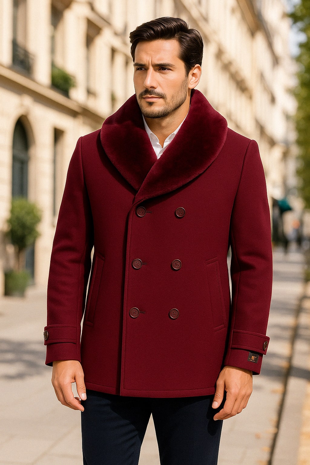 Mens Burgundy Double-Breasted Overcoat with Faux Fur Shawl Collar Slim Fit Peacoat - Alberto Nardoni Signature