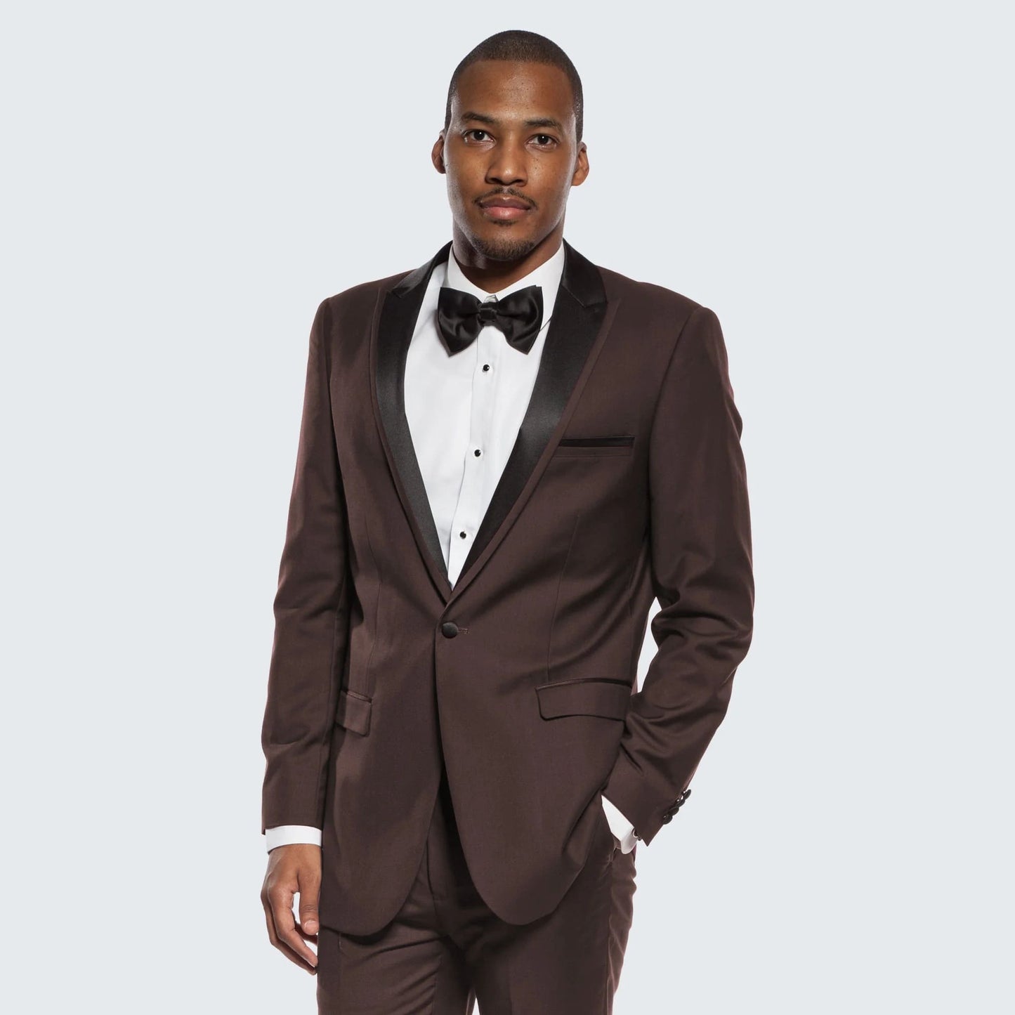 Mens Chocolate Brown Tuxedo with Black Satin Peak Lapel Formal Wedding and Prom Suit