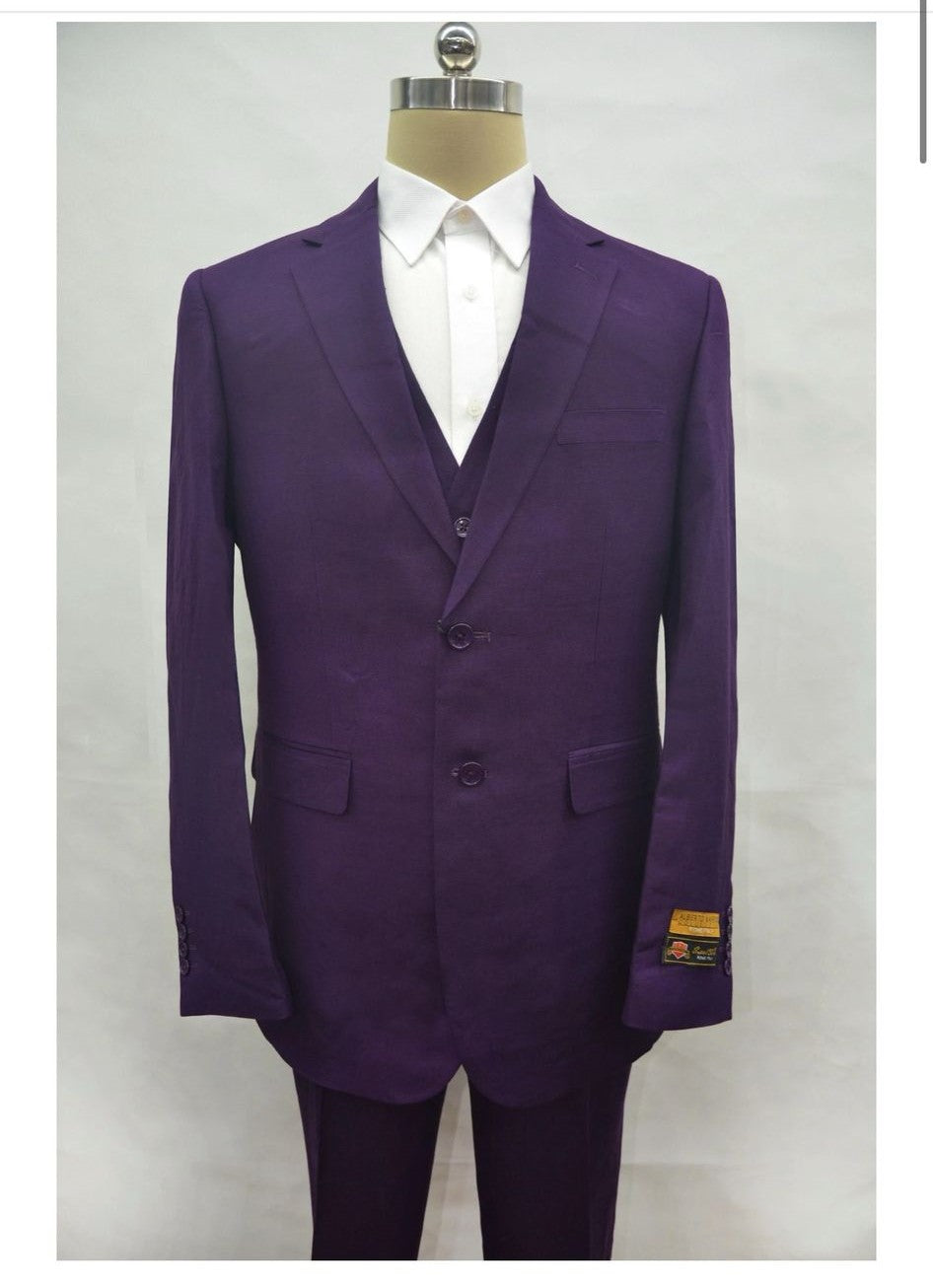 Mens Classic Three-Piece Purple Suit Formal Slim Fit Tuxedo Set with Vest