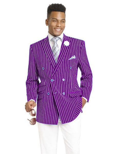 38 Mens Double Breasted Blazer in Color Purple - Pinstripe Sportcoat