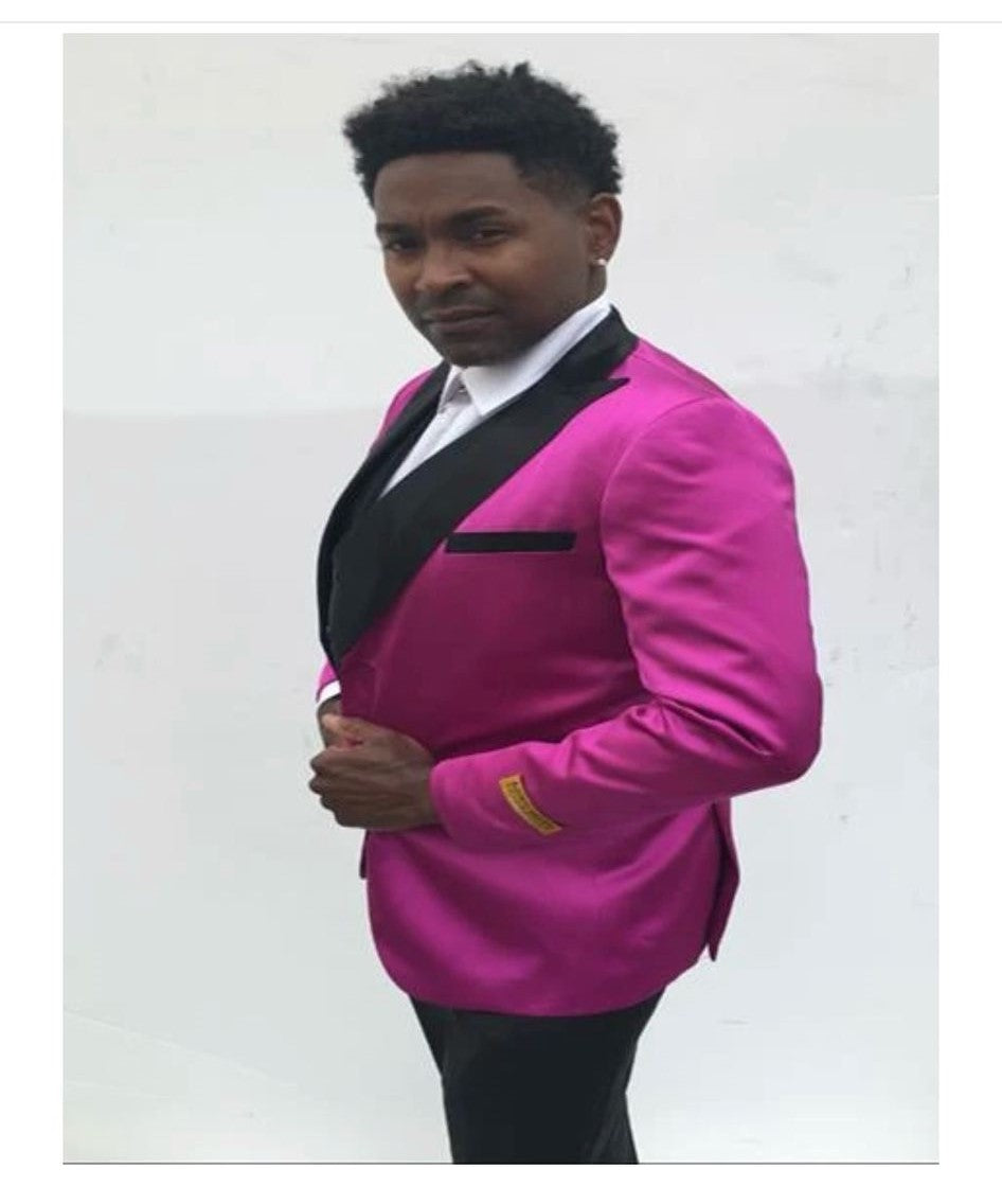 Mens Fuchsia Pink Satin Tuxedo Jacket with Black Peak Lapel Bold Slim Fit Formal Suit