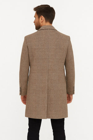 Mens Gray and Light Brown Glen Plaid Wool Overcoat Double-Breasted Vintage Check Coat