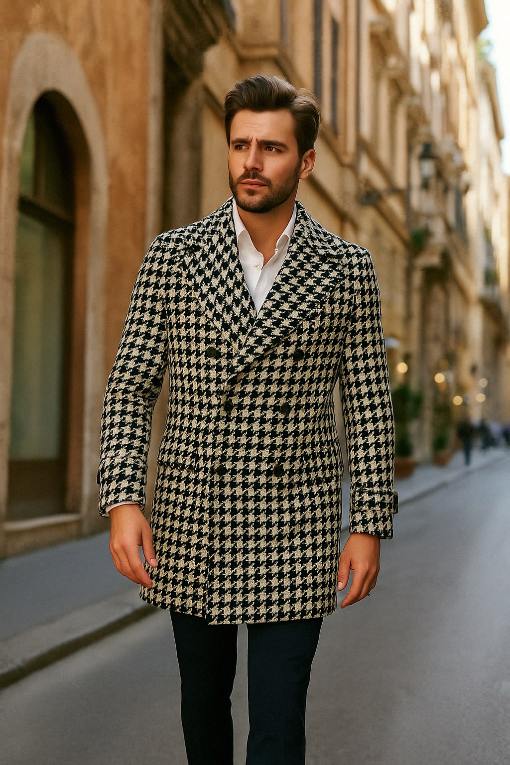 Mens Houndstooth Double-Breasted Wool Peacoat Black and White Wool Short Coat Slim Fit