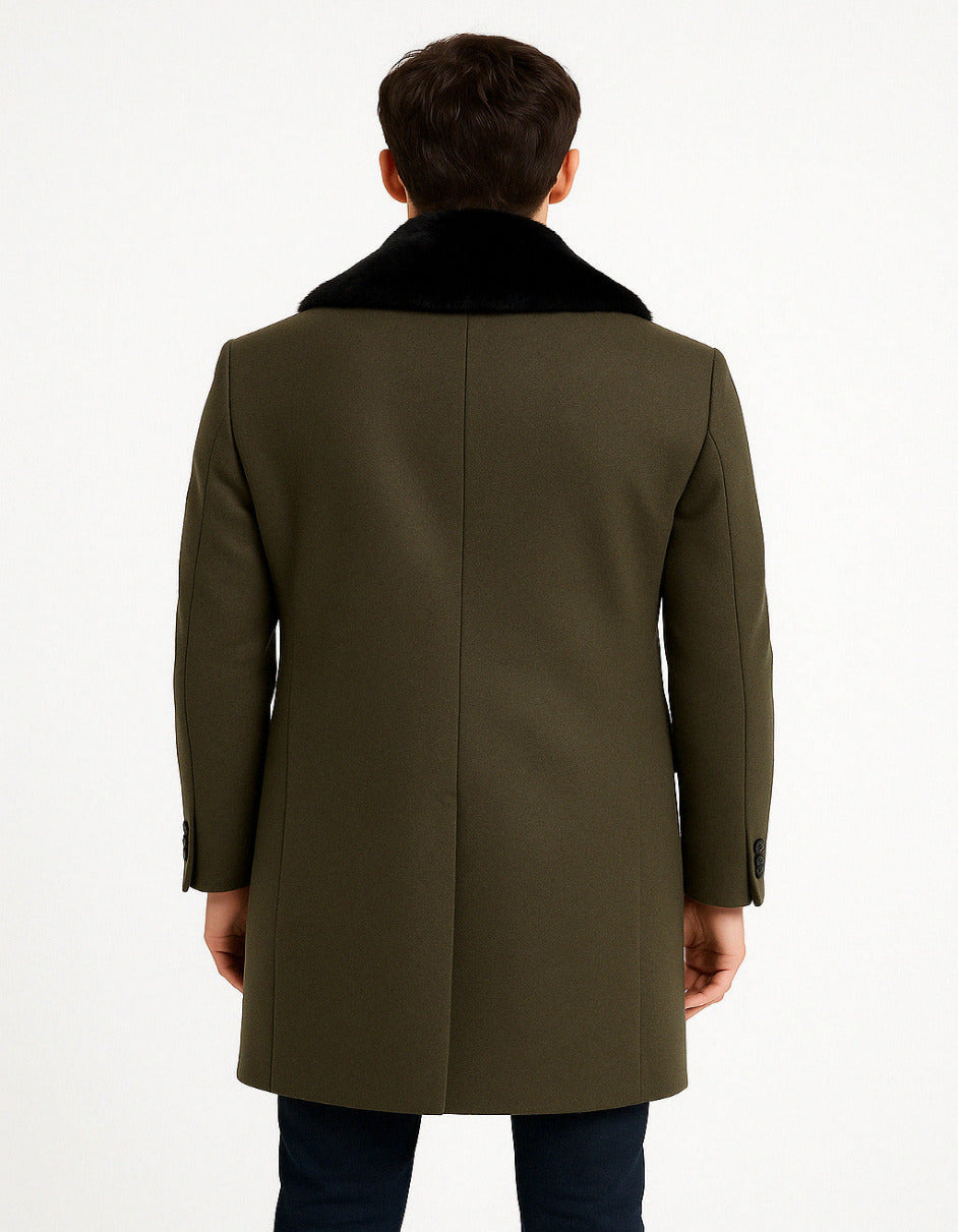 Mens Olive Green Wool Overcoat with Black Faux Fur Shawl Collar Double Breasted Winter Coat