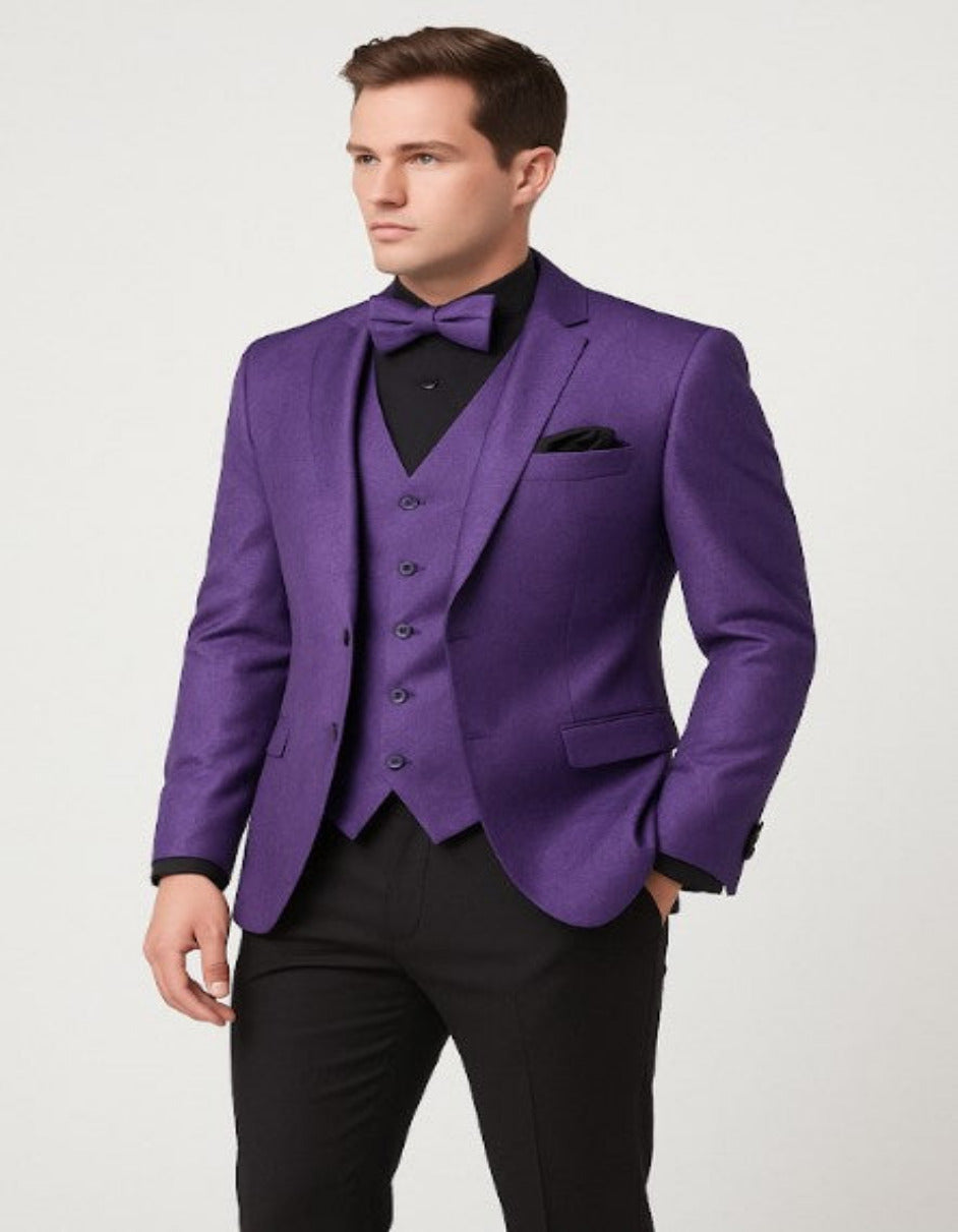 Mens Purple Paisley Tuxedo 3 Piece Suit with Bow Tie and Black Pants | Wedding & Prom Outfit - Slim Fitted