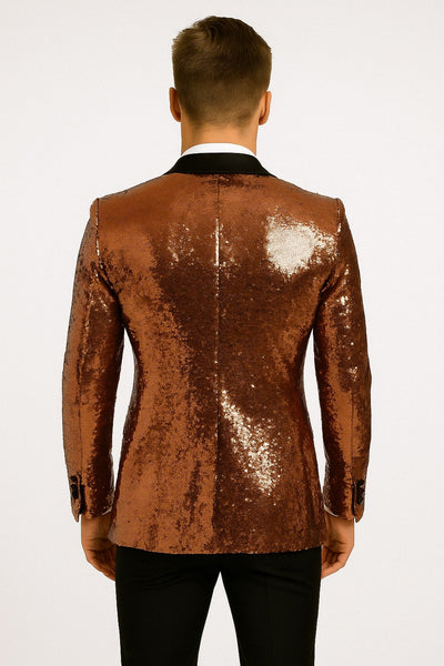 Mens Rose Gold Sequin Tuxedo Jacket with Black Satin Shawl Lapel and Matching Bow Tie