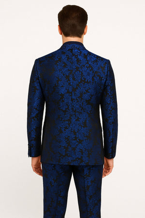Mens Royal Blue Metallic Floral Suit Black Background Two Piece Tuxedo Set
