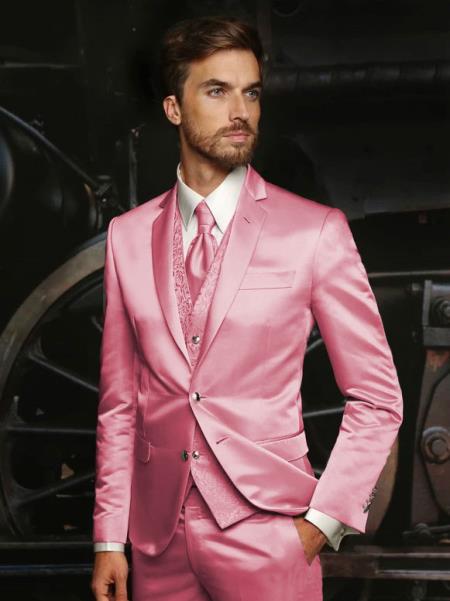 Mens Blush Shiny Blazer - Rose Gold Sateen Vested Suit in Pink Color Jacket Pants Vest