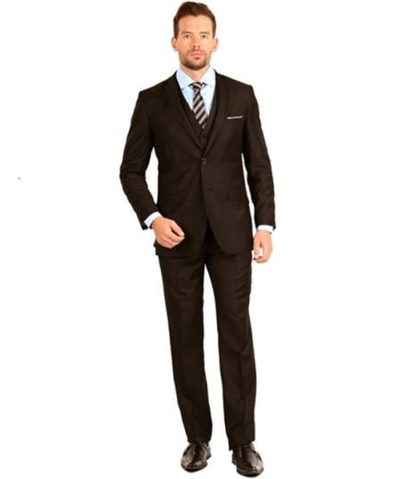 Mens Three Piece Suit - Vested Suit Slim Fit Suit Men's Brown V-shaped with mandarin banded collar Suit
