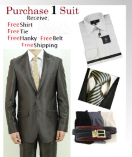 Men's Two Button Brown Slim Fit Teakwave Cheap Priced Business Suits Clearance Sale -Dress Shirt, Free Tie & Hankie Package Combo ~ Combination