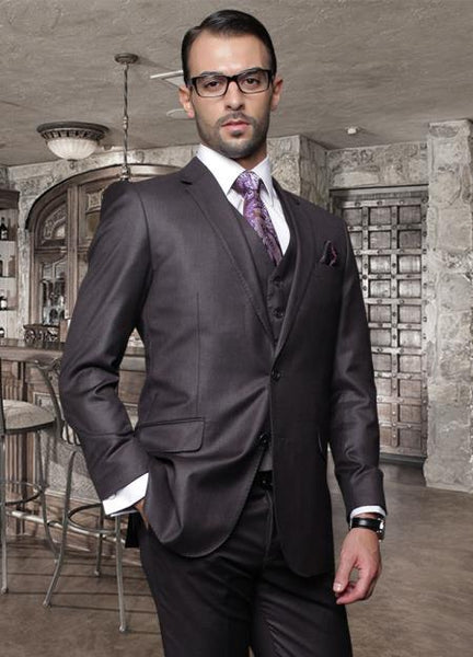 Mens Three Piece Suit - Vested Suit Slim Fit Suit Mens Light Grey thick mandarin banded collar Two Button Suit main image 1