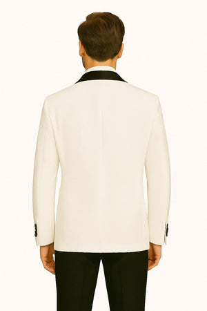 Mens White Swirl Embroidered Tuxedo Jacket with Black Satin Shawl Lapel and Matching Bow Tie