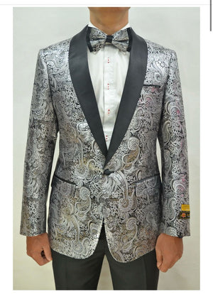 Silver and Black Tuxedo Blazer with Matching Bow Tie - Paisley Sport Coat For Prom or Wedding