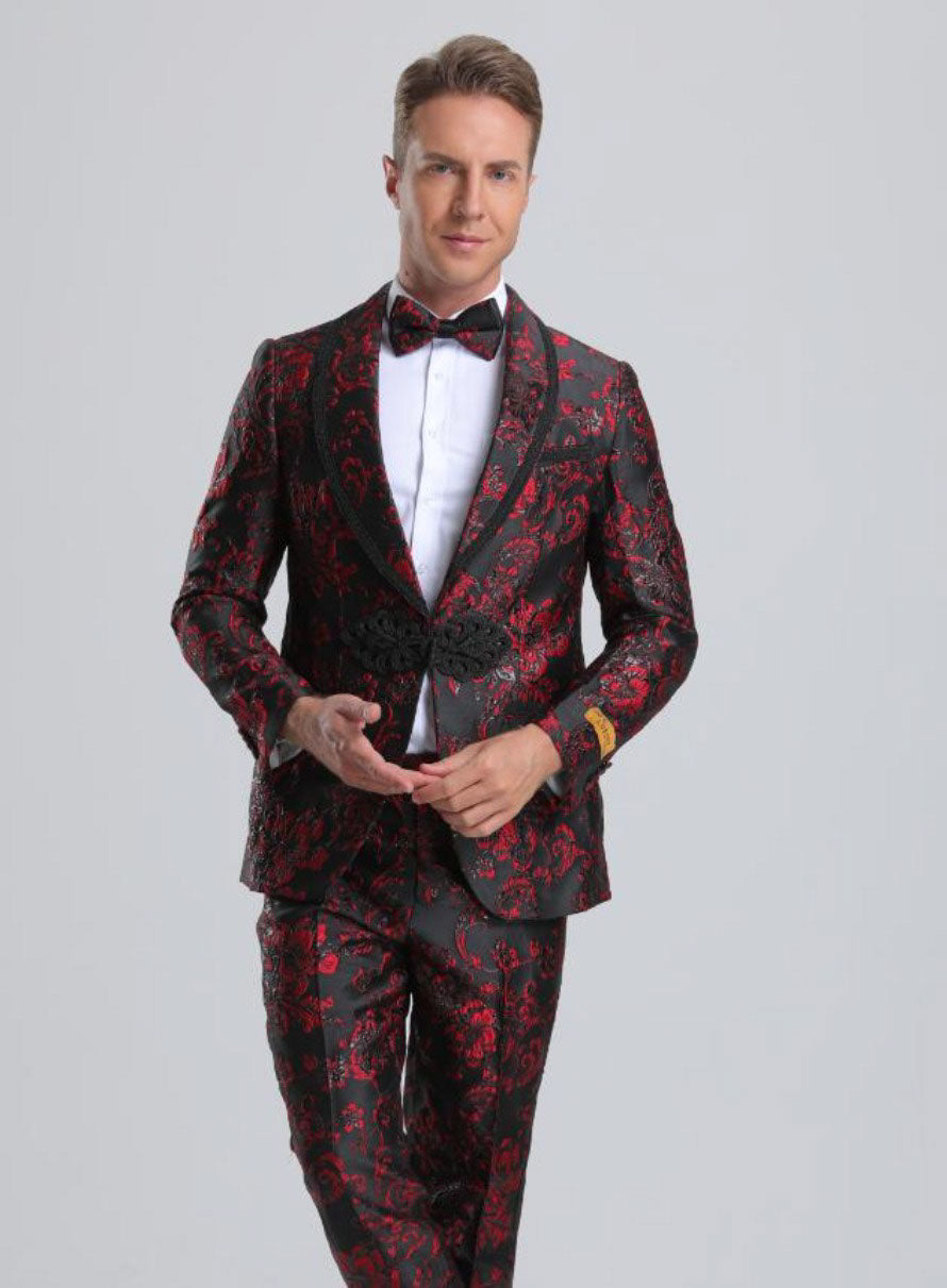 Alberto Nardoni Men's Fancy Black & Red Floral Paisley Prom Tuxedo With Trim for Men Alberto Nardoni Men's Fancy Black & Red Floral Paisley Prom Tuxedo With Trim for Men