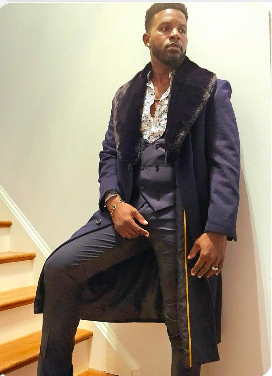 Mens Navy Blue Overcoat with Faux Fur Collar Luxury Long Winter Coat for Formal and Casual Wear Topcoat