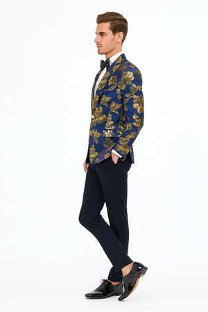 Mens Navy Blue and Gold Floral Tuxedo Jacket Luxury Slim Fit Blazer with Gold Pattern Paisley Pattern Matching Bowtie
