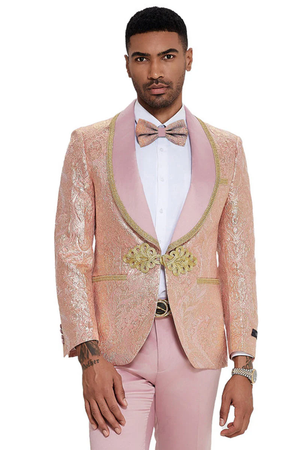 Mens One Button Shawl Lapel Wedding Prom Tuxedo in Shiny Pink Paisley