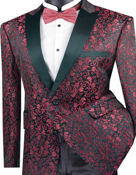 Mens Double Breasted Vested Tonal Paisley Wedding and Prom Tuxedo in Red