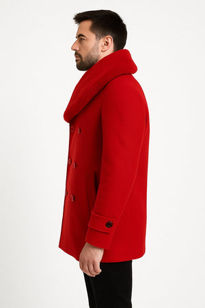 Mens Peacoat Color Red Color - Wool Overcoat with Faux Fur Shawl Collar Double-Breasted Peacoat for Winter